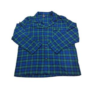 Hanes Mens Flannel Pajama Top Blackwatch Plaid Blue Green Cotton Size L Large